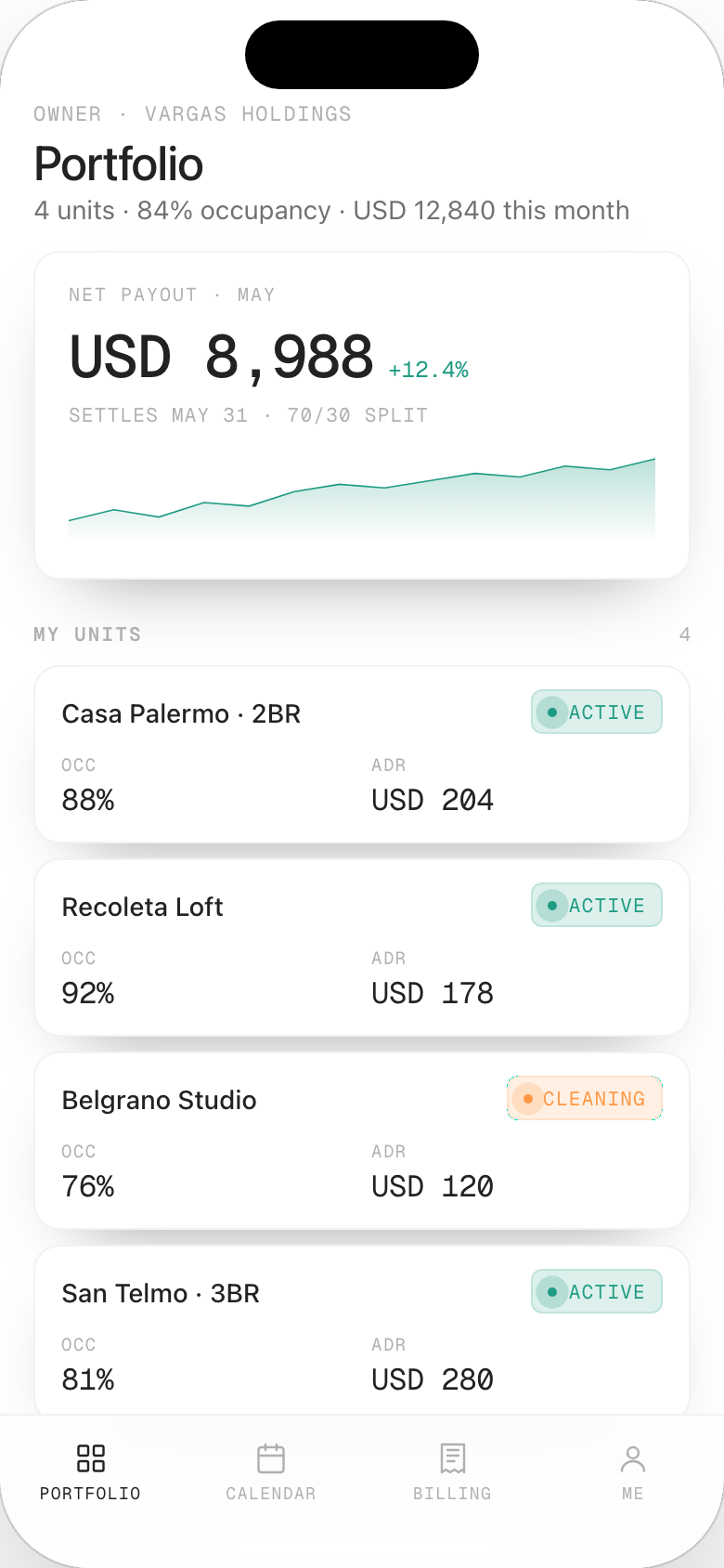 Gried owner app — portfolio, net payout, units