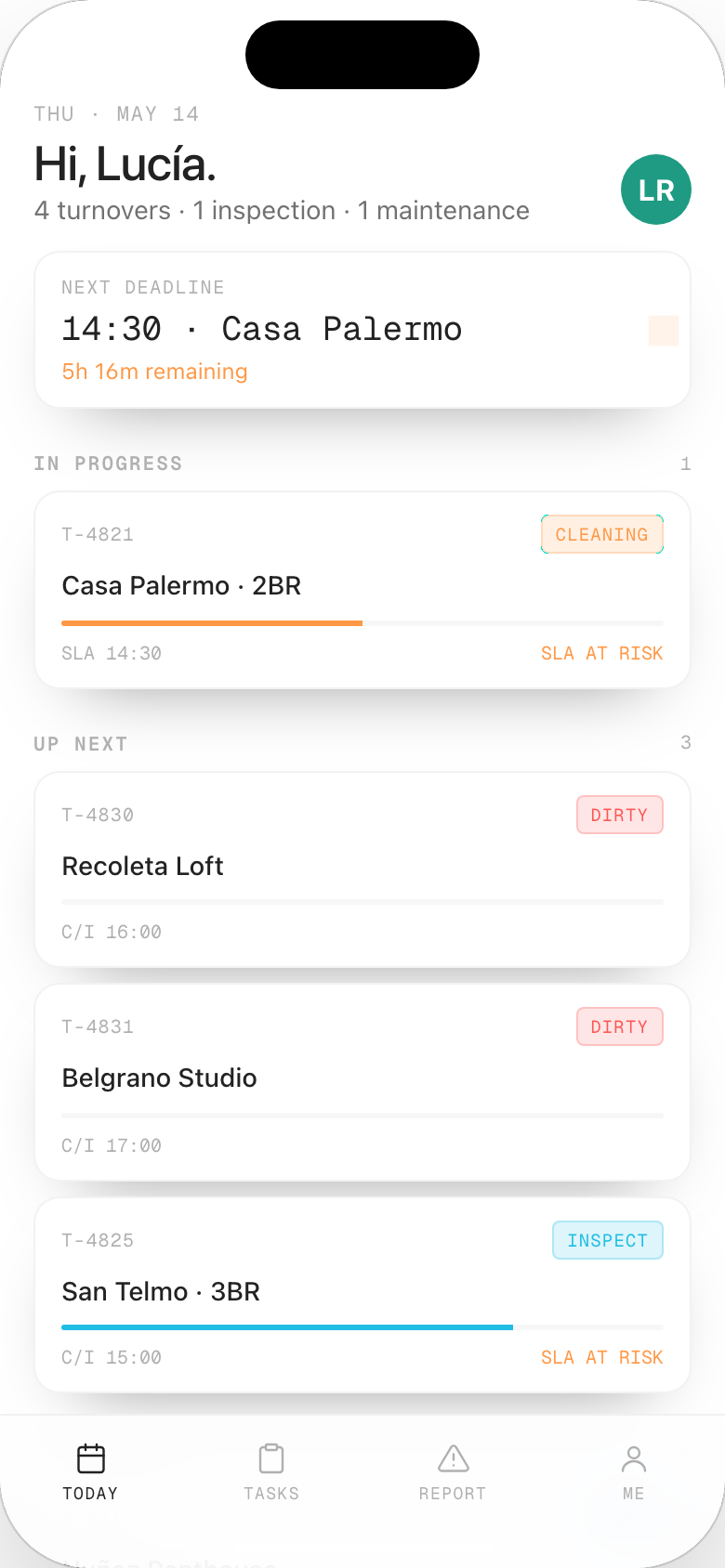 Gried cleaning staff app — today's cleaning queue, SLAs, photo evidence